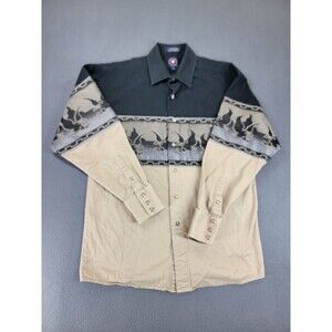 Panhandle Slim Shirt Mens M Black Tan Western Pearl Snap Eagle‎ Print 90s
